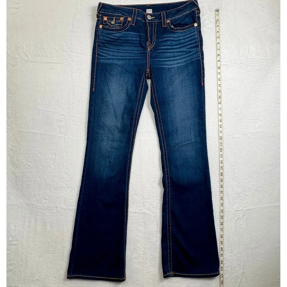 True Religion Mens Bootcut Jeans Dark Wash Orange Stitching Size 33 World Tour